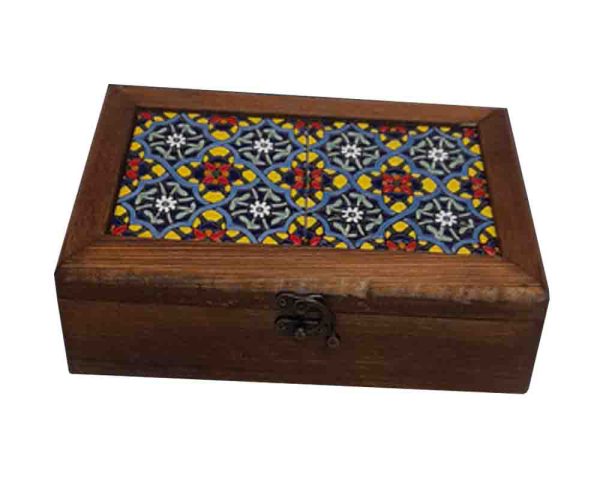 جعبه چوبی نقش کاشی (زرد و قرمز)