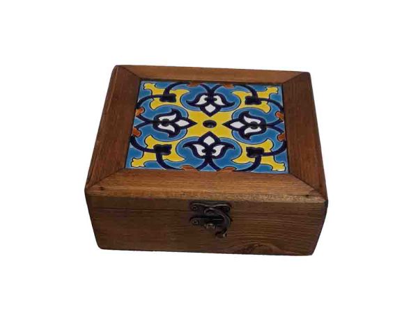 جعبه مربع چوبی نقش کاشی - زرد و آبی
