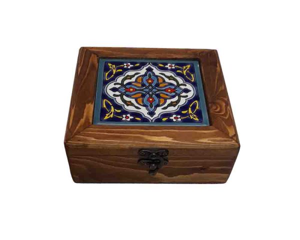 جعبه مربع چوبی نقش کاشی - سبز،سورمه‌ای و آبی