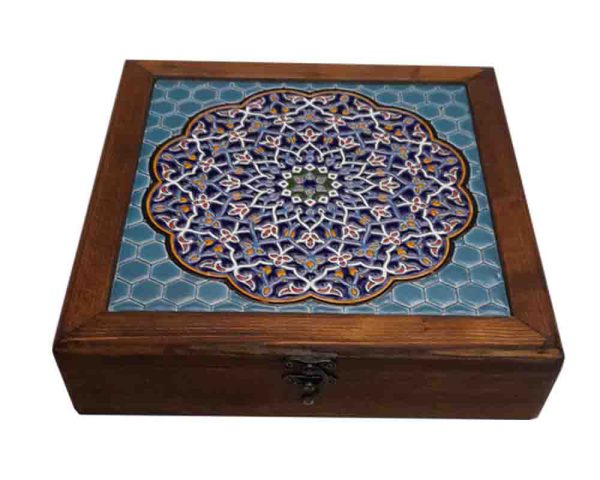 جعبه مربعی چوبی نقش کاشی- گل آبی فیروزه‌ای