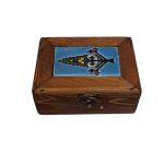 جعبه مستطیل کوچک چوبی با نقش کاشی با گل کاج آبی وسبز